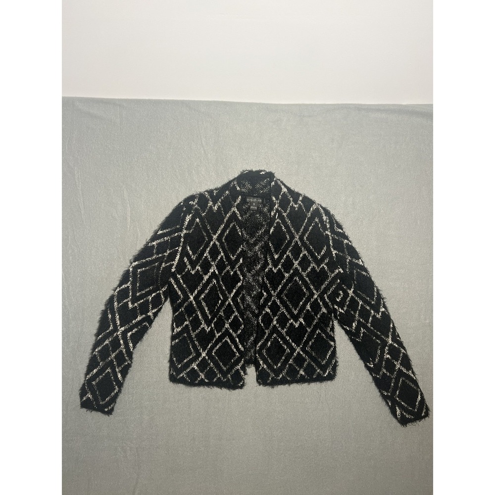 August Silk Women's S Black White Diamond Pattern Open Front Fuzzy Knit Cardigan